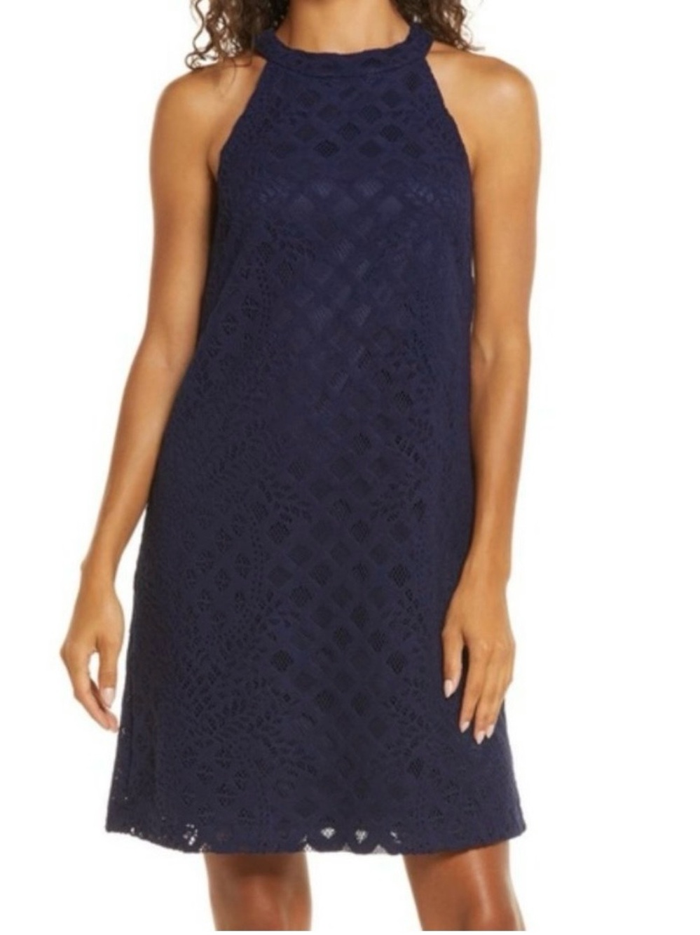 Lilly Pulitzer Rayanne Shift Dress Navy Pineapple Lace Halter XL Resort